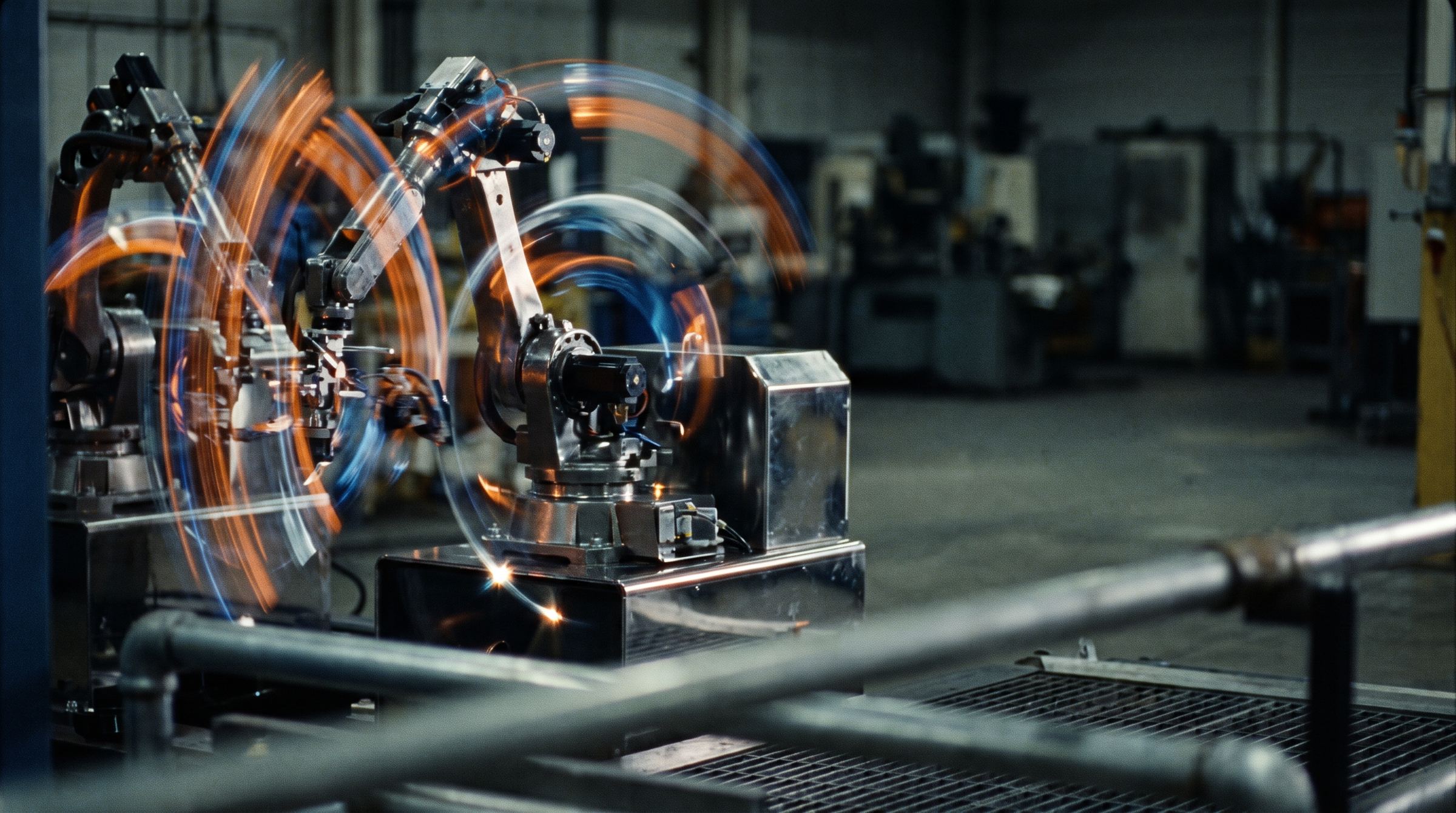 Long-exposure light trails around a robotic arm, conceptual imagery