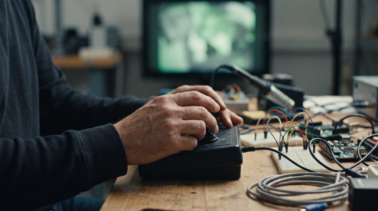 Hands operating a robotics test rig, conceptual imagery