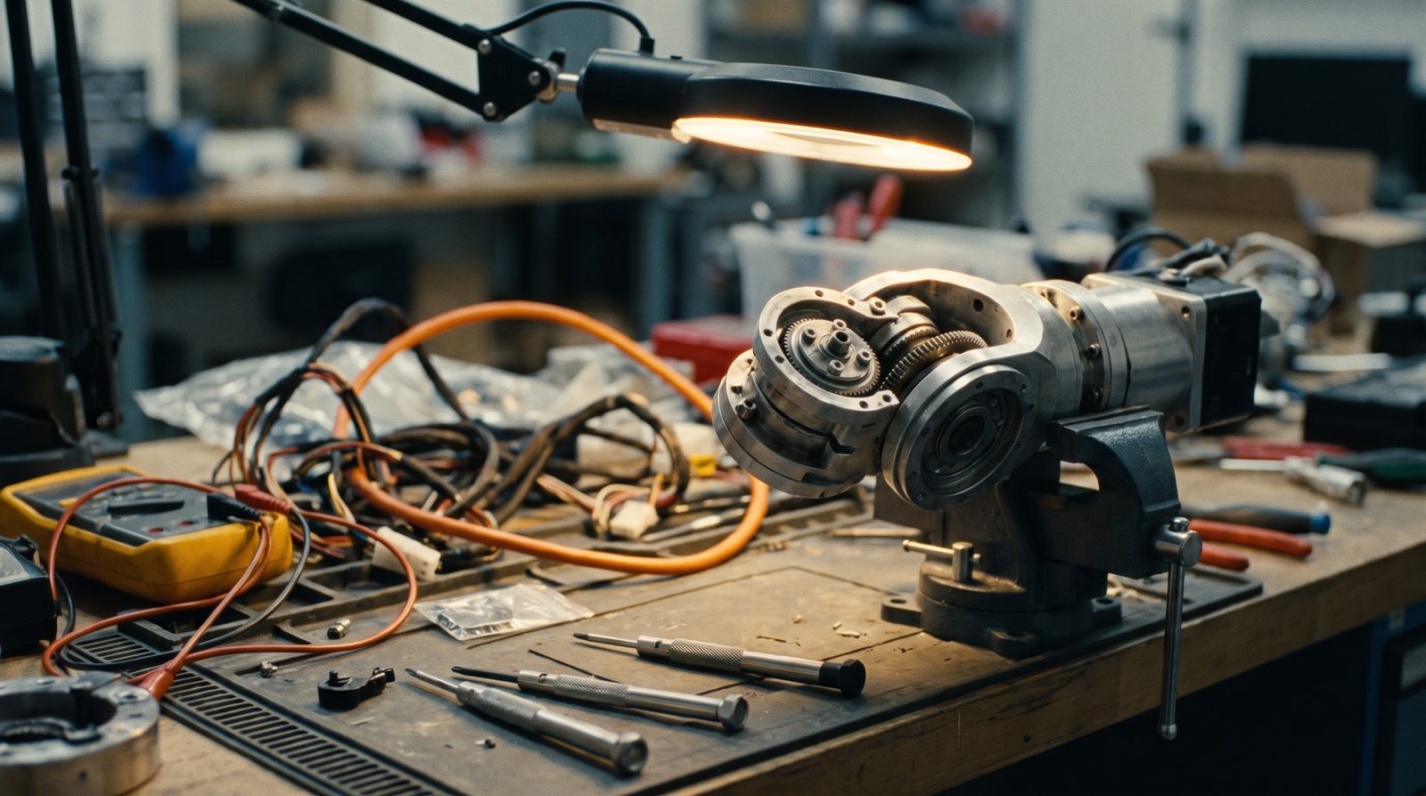 Robotic joint under a work lamp, conceptual imagery